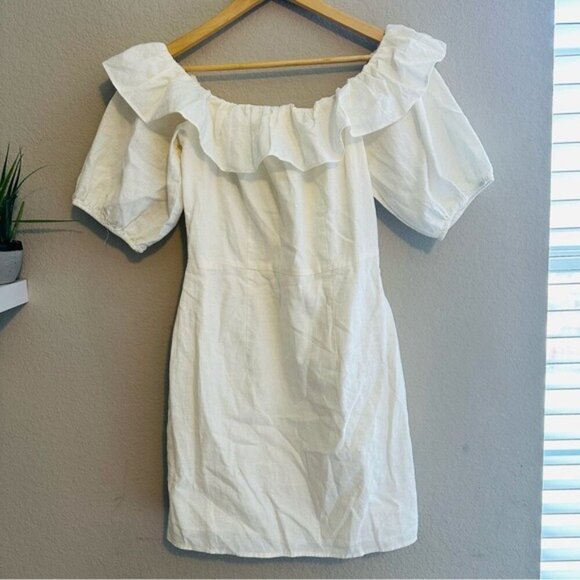 H&M Ivory Linen Off-Shoulder Mini Dress Size Small | Romantic - Picture 3 of 13